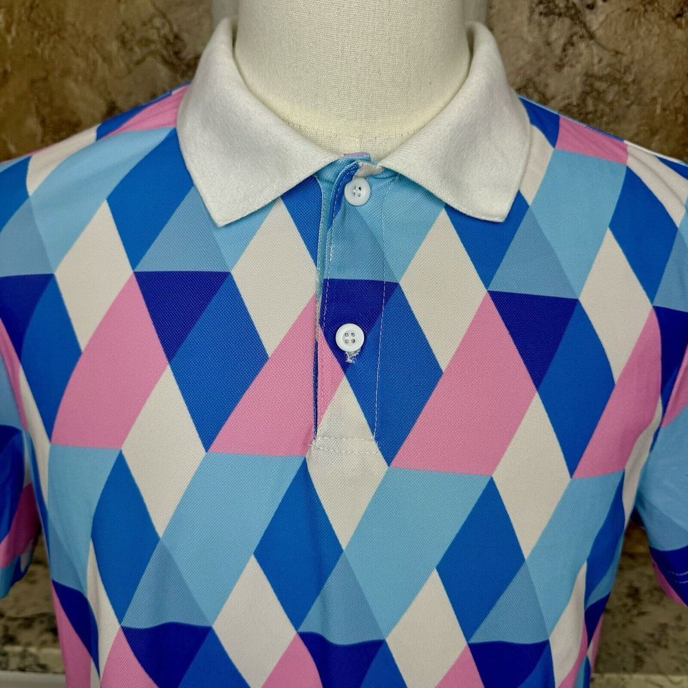 Paul Jones Polo Shirt Mens Medium Pink Blue‎ Geometric Knit Short Sleeve